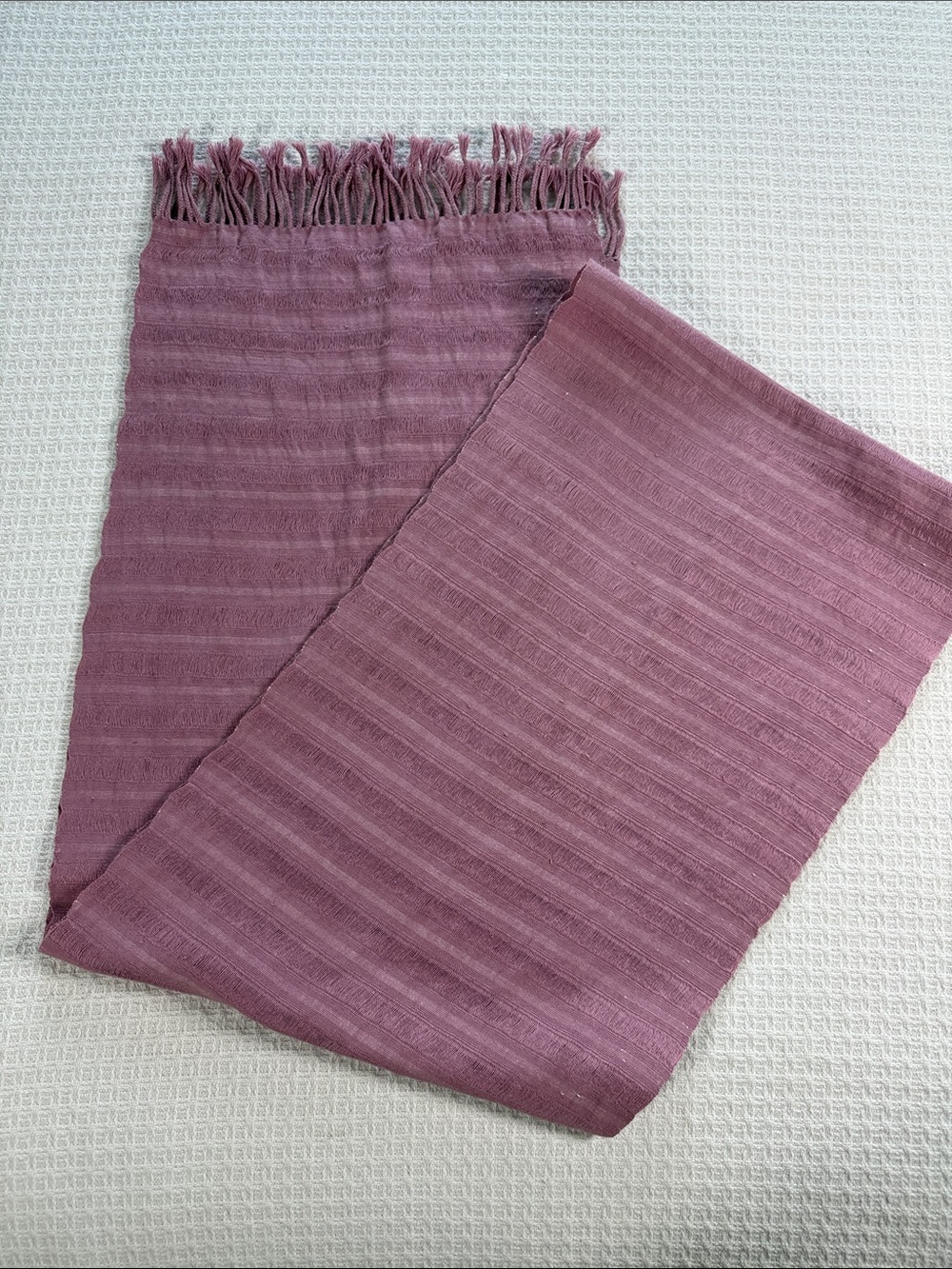 Mauve, dusty pink, rose woven ribbed scarf with braided fringe